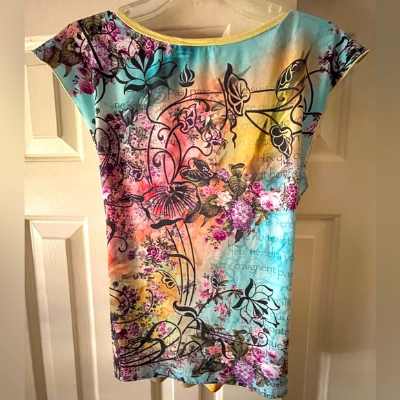 Topsy Turvy Top XL Short Sleeve Low V Neck Wrap Front Multi Color - Picture 2 of 3